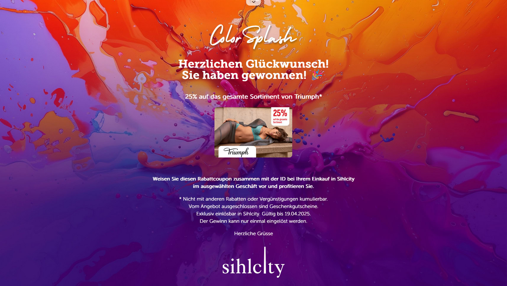 Buntes Gl&uuml;cksrad-Gewinnspiel: Triumph Rabatt gewinnen &ndash; 25 % auf Dessous; Sihlcity Logo, Teilnahmebedingungen im Bild.