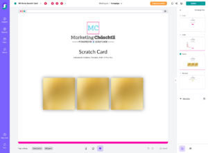 Digitale Benutzeroberfläche für Rubbellos-Kampagne mit drei goldenen Feldern auf weißem Hintergrund, beschriftet mit „Marketing Chäschtli“ und „Scratch Card“; Interaktive Bearbeitungsoptionen zeigen Funktionen der Gamification-Software zur Erstellung von Gewinnspielen und Wettbewerben.