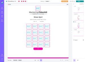 Digitales Memory-Spiel mit 16 Karten im 4x4-Raster und blauem MC-Logo, Überschrift „Marketing Chäschttli“, darunter ein pinker Start-Button – modernes Gamification-Interface für Gewinnspiele und Wettbewerbe.