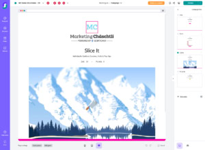 Screenshot einer Gamification-Software mit Marketingkampagne „Slice It“, Berge, Gleitvogel und Pinienwald im Hintergrund, Benutzeroberfläche mit Bearbeitungspanel und Wettbewerb-Slides – ideal für Gewinnspiele und Wettbewerbe online.