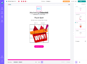 Digitales Puzzle-Spiel-Interface mit teilweise gelöstem Puzzle, das einen Korb mit roten Formen und den Schriftzug „WIN!“ zeigt; intuitives Design, Timer und seitliche Menüführung – ideal für Gamification, Gewinnspiele und Wettbewerbe online.