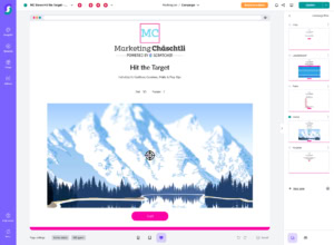 Berg-Themen-Gamification-Spiel „Marketing Chäschtli“ mit Zielsymbol über verschneiten Gipfeln, See-Reflexion und zentralem rosa Start-Button im Online-Gewinnspiel-Editor.