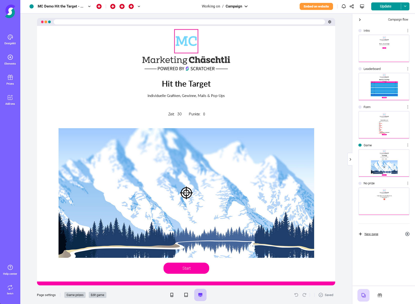 Berg-Themen-Gamification-Spiel „Marketing Chäschtli“ mit Zielsymbol über verschneiten Gipfeln, See-Reflexion und zentralem rosa Start-Button im Online-Gewinnspiel-Editor.