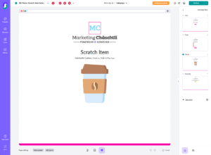 Screenshot einer Designsoftware mit Marketing Chäschtili Logo, Text „Scratch Item“ und illustriertem Kaffeebecher; kreative Benutzeroberfläche zur Gestaltung von Gamification-Gewinnspielen und Wettbewerben.