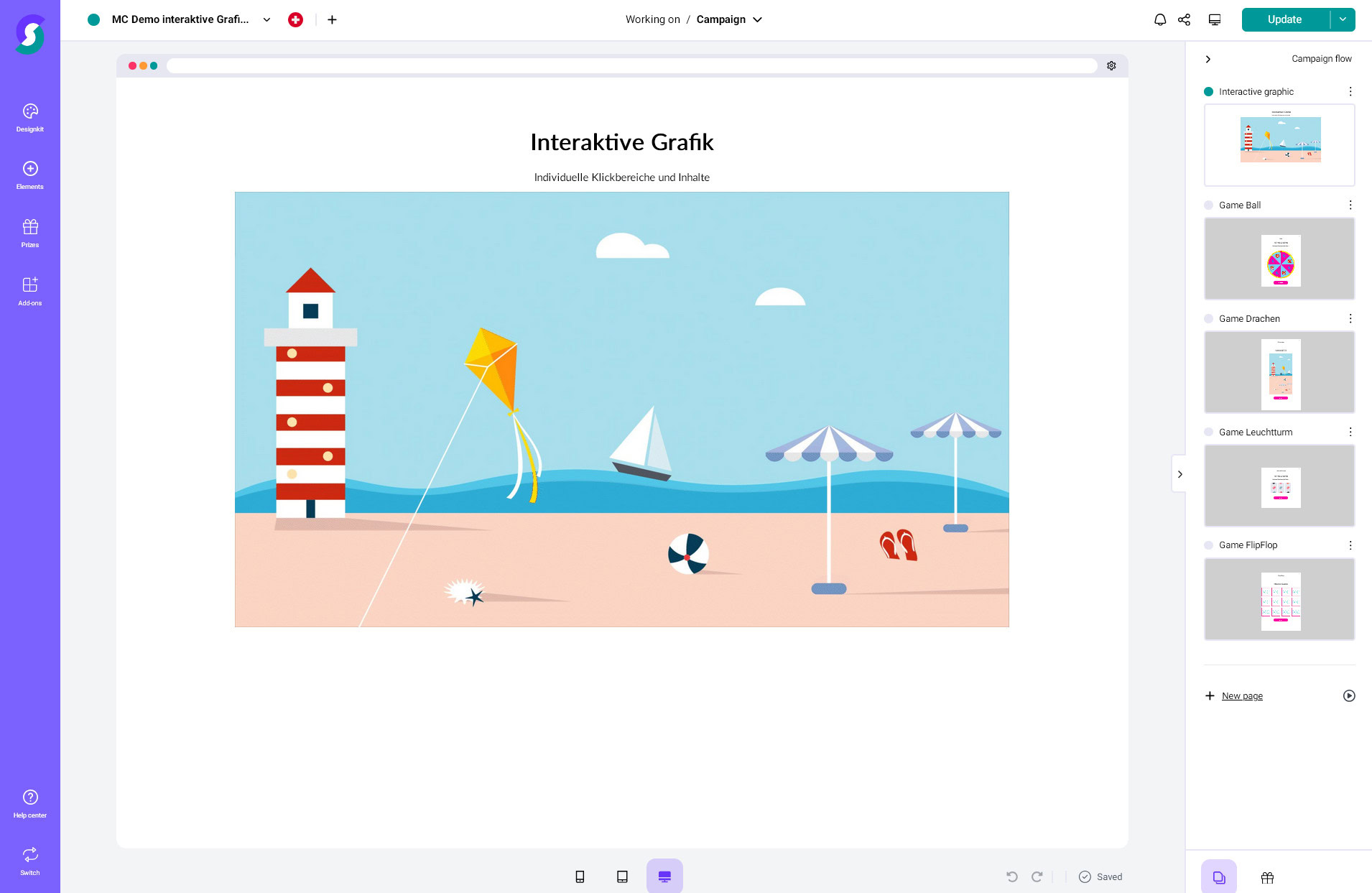 Digitale Illustration eines Strandes mit rot-weißem Leuchtturm, gelbem Drachen, Segelboot, Sonnenschirmen und Strandball im Grafikdesign-Editor – Kreative Gamification-Idee für Gewinnspiele und Wettbewerbe.