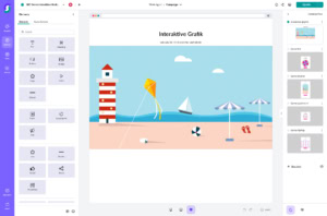 Screenshot eines Grafikdesign-Editors mit einer bearbeitbaren Strand-Szene: Leuchtturm, Drachen, Sonnenschirme, Ball und Meer bei blauem Himmel. Links individuell anpassbare Designelemente, rechte Seitenübersichten – ideal für Gamification-Gewinnspiele und Wettbewerbe.