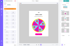 Desktop-Oberfläche einer Gamification-Software mit Spin & Win Glücksrad-Spiel, interaktivem Design-Tool, Bearbeitungsoptionen und Dateiübersicht für Gewinnspiele und Wettbewerbe.
