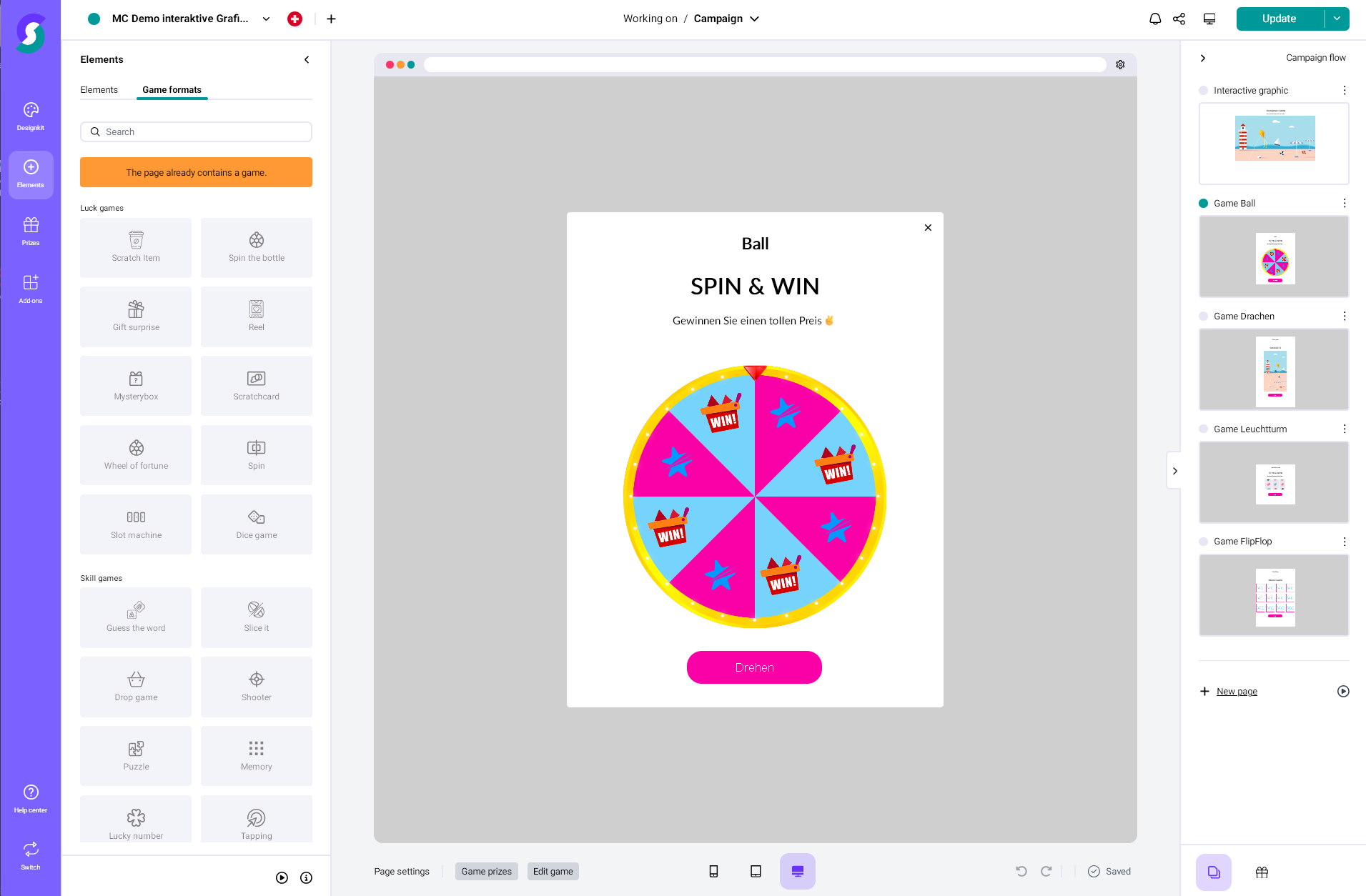 Desktop-Oberfläche einer Gamification-Software mit Spin & Win Glücksrad-Spiel, interaktivem Design-Tool, Bearbeitungsoptionen und Dateiübersicht für Gewinnspiele und Wettbewerbe.