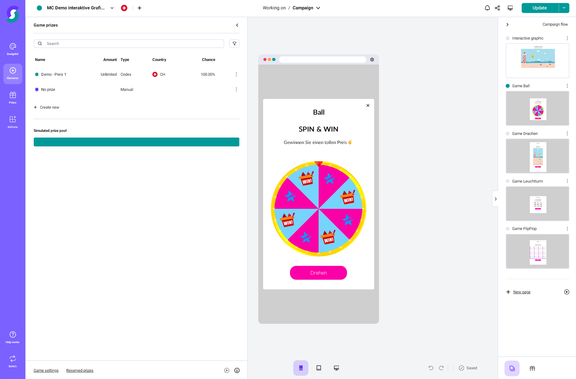 Benutzeroberfläche einer Gamification-Software mit mobilem „Spin & Win“-Glücksrad, attraktiven Gewinnspielen und Wettbewerbsübersicht; links Spielpreise, rechts ansprechende Kampagnenvorschau.