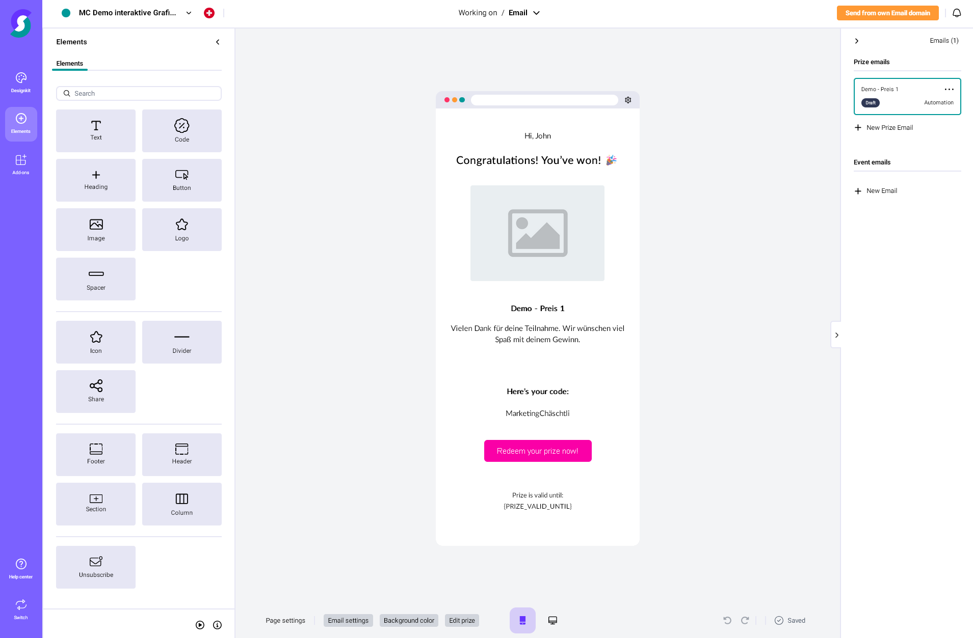 E-Mail-Vorlagen-Editor einer Gamification-Software mit Glückwunsch-Nachricht, Bildplatzhalter und „Preis jetzt einlösen“-Button; Design- und Anpassungsoptionen für Gewinnspiele und Wettbewerbe sichtbar.