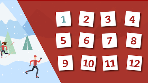 Illustration: Zwei Personen beim Wintersport im Schnee links, daneben rechts ein rotes Feld mit zwölf nummerierten Kacheln – Gewinnspiel-Adventskalender für Gamification-Software und Wettbewerbe.