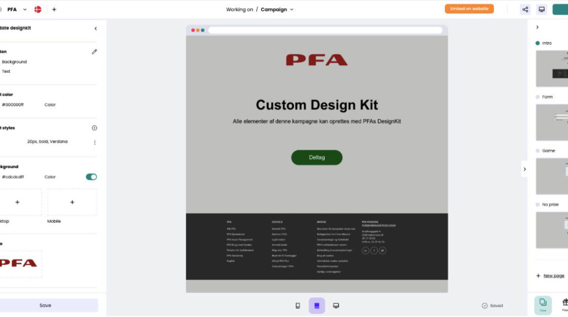 Alt-Text-Vorschlag: Webseiten-Editor mit Vorschau für individuelles Marketing-Gewinnspiel: Überschrift „PFA“ und „Custom Design Kit“ im Mittelpunkt, um Gamification-Software, Gewinnspiele oder Wettbewerbe zu erstellen – seitliche Bearbeitungswerkzeuge und Konfigurationsoptionen sichtbar.