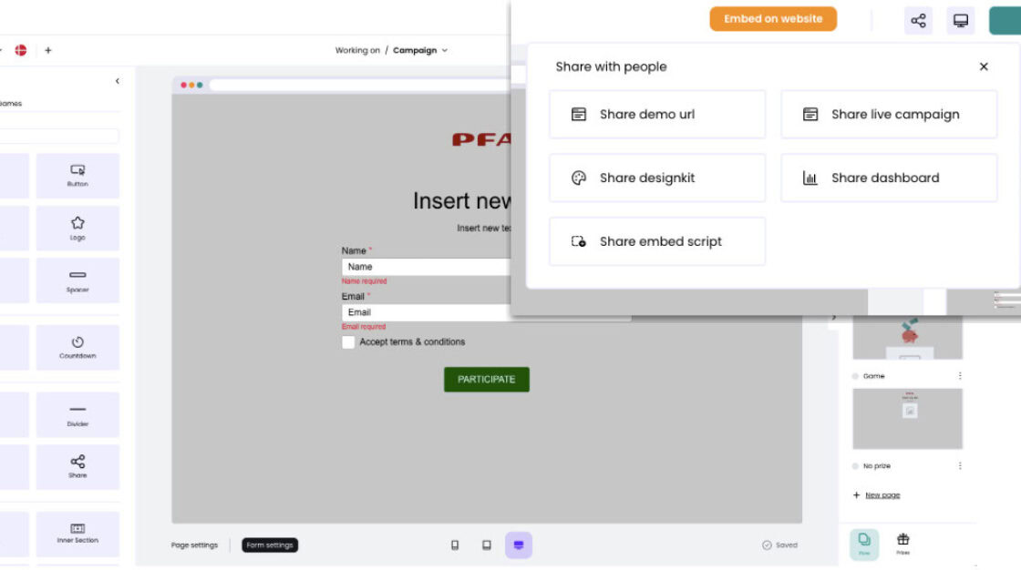 Alt-Text (SEO-optimiert, Deutsch): Screenshot einer Gamification-Software: Auf dem Computerbildschirm ist eine Webdesign-Plattform mit Newsletter-Anmeldeformular sowie Optionen zum Teilen, Erstellen von Marketingkampagnen, Dashboard-Zugriff und Einbettung von Gewinnspielen oder Wettbewerben zu sehen.