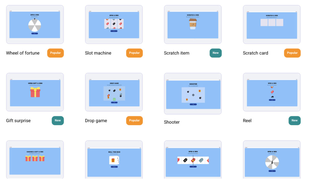 Format auswählen Alt-Text-Vorschlag: Raster aus zwölf blauen Mini-Game-Icons, darunter Glücksrad, Slotmaschine, Rubbellos und Überraschungsgeschenk – ideale Auswahl an Gamification-Spielen für Gewinnspiele und Wettbewerbe in Ihrer Marketingkampagne, mit „Popular“- oder „New“-Tags.