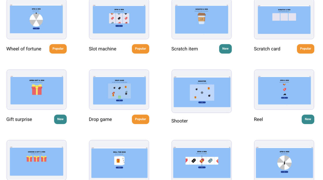 Alt-Text-Vorschlag: Raster aus zwölf blauen Mini-Game-Icons, darunter Glücksrad, Slotmaschine, Rubbellos und Überraschungsgeschenk – ideale Auswahl an Gamification-Spielen für Gewinnspiele und Wettbewerbe in Ihrer Marketingkampagne, mit „Popular“- oder „New“-Tags.