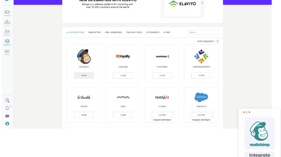 Dashboard einer Gamification-Software mit Integrationen für Mailchimp, HubSpot, Salesforce, Loyalty und Klaviyo; Übersichtliche Anzeige von Marketing-Tools für Gewinnspiele und Wettbewerbe auf einer Online-Marketing-Plattform.