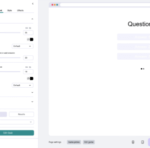 Quiz-Erstellungsoberfläche einer Gamification-Software mit Sidebar für Einstellung von Fragetitel und Beschreibung; im Hauptbereich Beispielquizfrage mit drei Antwortoptionen und Glücksrad-Gamification-Elementen für Gewinnspiele und Wettbewerbe.