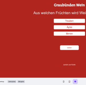Interaktives Glücksrad-Quiz zum Thema Graubünden Wein auf rotem Hintergrund mit der Frage „Aus welchen Früchten wird Wein gemacht?“ und Antwortmöglichkeiten Trauben, Äpfel, Birnen – Beispiel für Gamification-Software auf Gewinnspiel-Website.