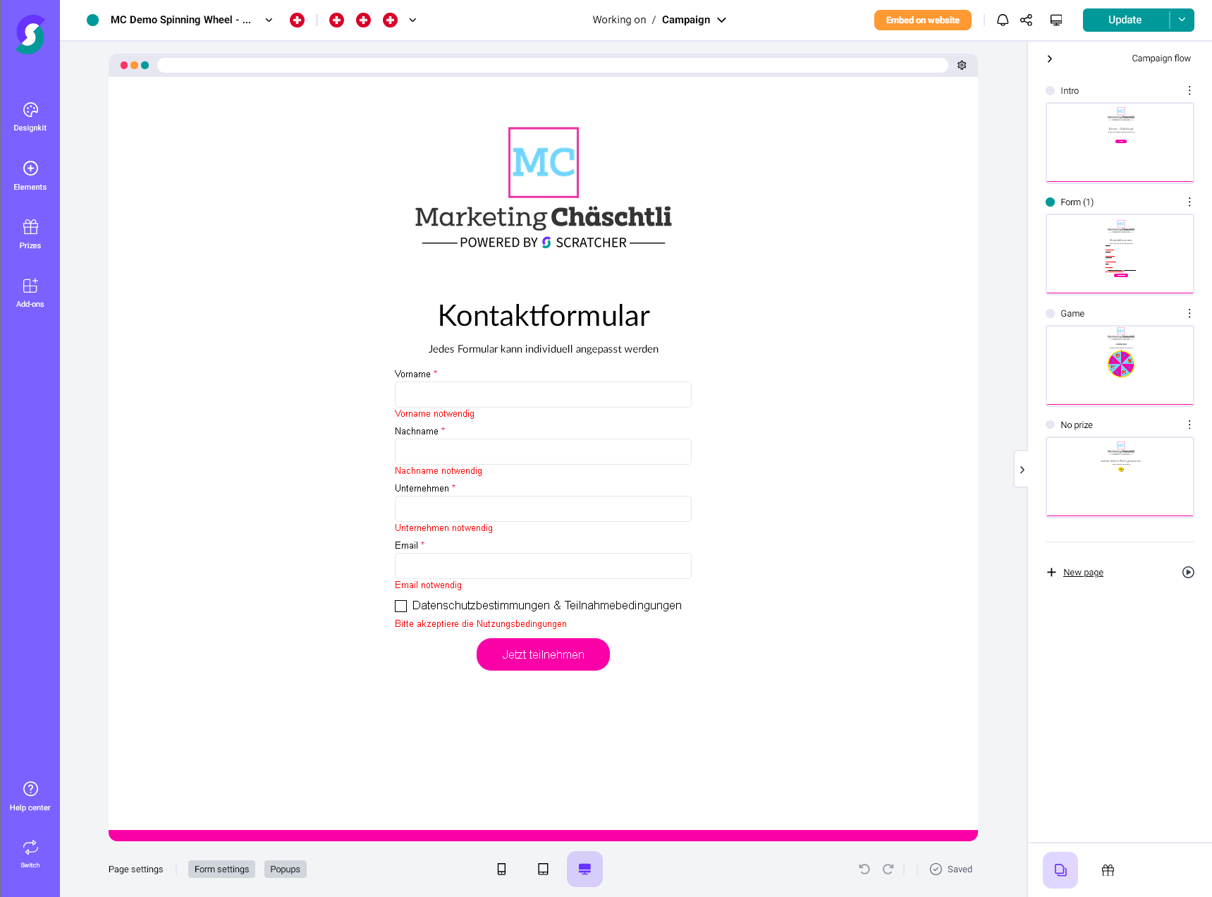 Kontaktformular von Marketing Ch&auml;schtili auf wei&szlig;em Hintergrund mit Pflichtfeldern f&uuml;r Name, E-Mail und Nachricht; Im Website-Builder sichtbare Gl&uuml;cksrad-Gamification-Funktion &ndash; ideal f&uuml;r Gewinnspiele und interaktive Wettbewerbe.