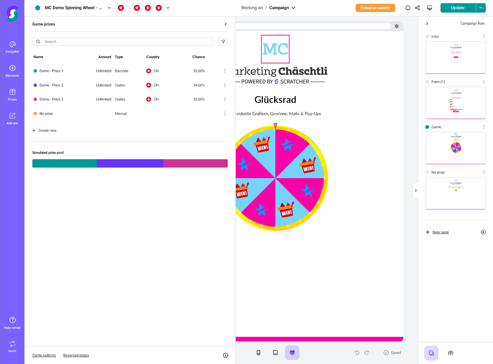 Desktopansicht eines Kampagnen-Editors f&uuml;r Gamification-Software mit Gl&uuml;cksrad; links &Uuml;bersicht der Spielgewinne und Statistiken, zentral farbiges Gl&uuml;cksrad mit Kronen- und Geschenk-Symbolen, rechts Vorschau-Slides.