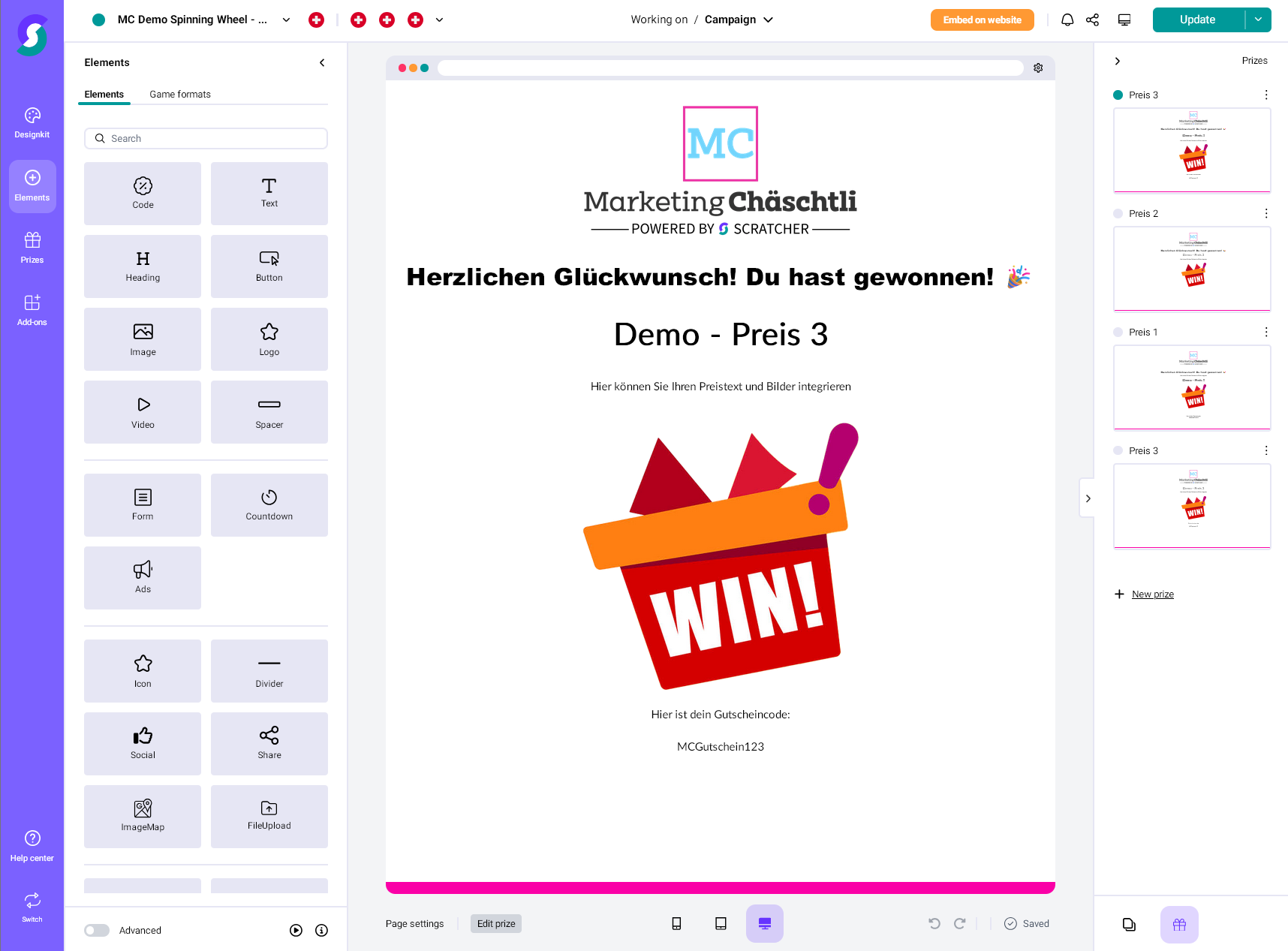Computerbildschirm zeigt Marketing-Demo einer Gamification-Software mit Gl&uuml;cksrad-Gewinnspiel; &bdquo;Herzlichen Gl&uuml;ckwunsch! Du hast gewonnen!&ldquo; und WIN!-Grafik, daneben Bearbeitungs- und Design-Men&uuml;s f&uuml;r individuelle Wettbewerbe.