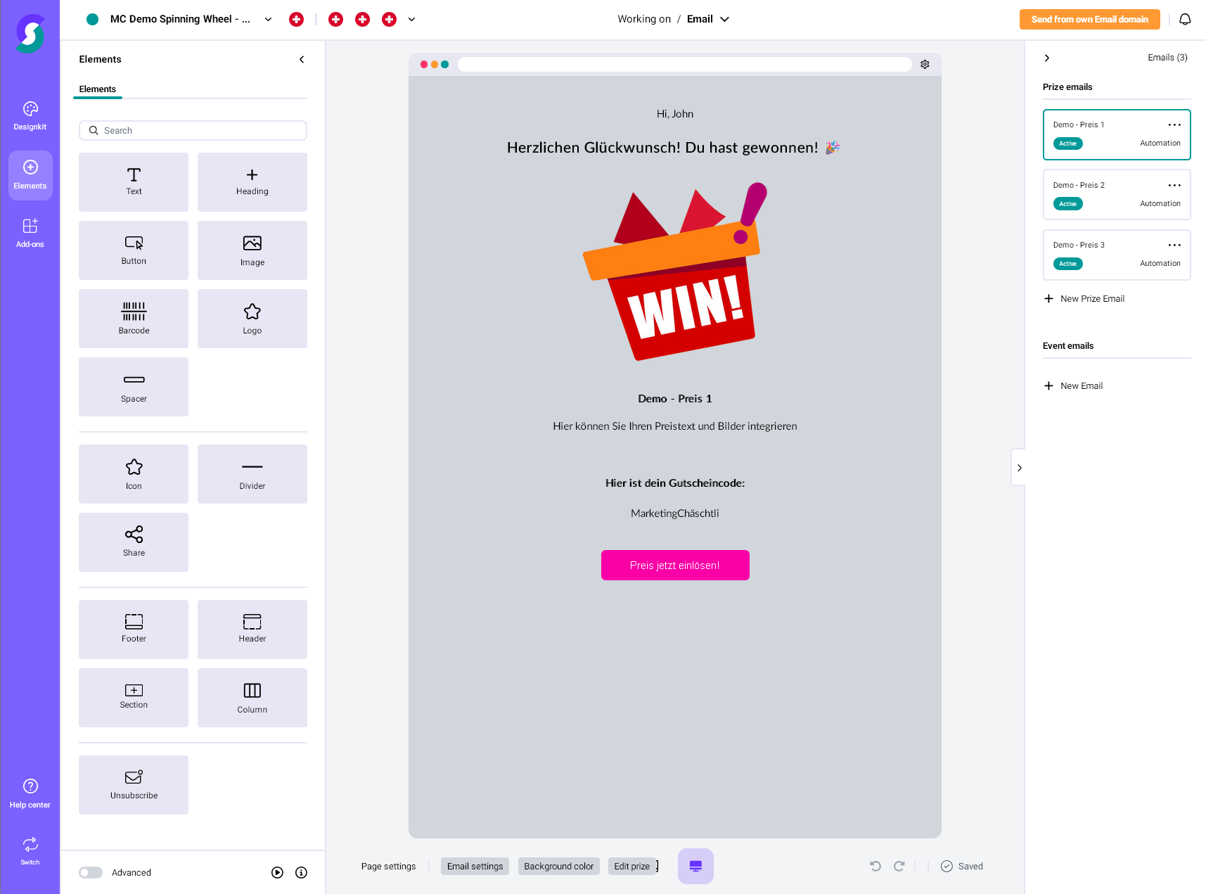 Bild eines Computerbildschirms mit ge&ouml;ffnetem E-Mail-Editor, der eine Gewinnbenachrichtigung auf Deutsch zeigt; auff&auml;lliges rotes &bdquo;GEWONNEN!&ldquo;-Grafik und ein Preiscode, inspiriert von Gl&uuml;cksrad-Gamification; Design- und Textbearbeitungstools f&uuml;r digitale Gewinnspiele und Wettbewerbe sichtbar.