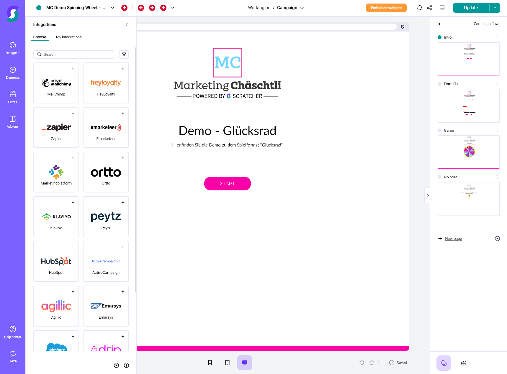 Alt-Text (SEO-optimiert, deutsch): Dashboard einer Gamification-Software mit &bdquo;Demo &ndash; Gl&uuml;cksrad&ldquo; f&uuml;r Marketing Ch&auml;schti; links Integrationen, rechts Kampagnendesign, in der Mitte Vorschau einer Gl&uuml;cksrad-Gewinnspielseite f&uuml;r Wettbewerbe und Aktionen.