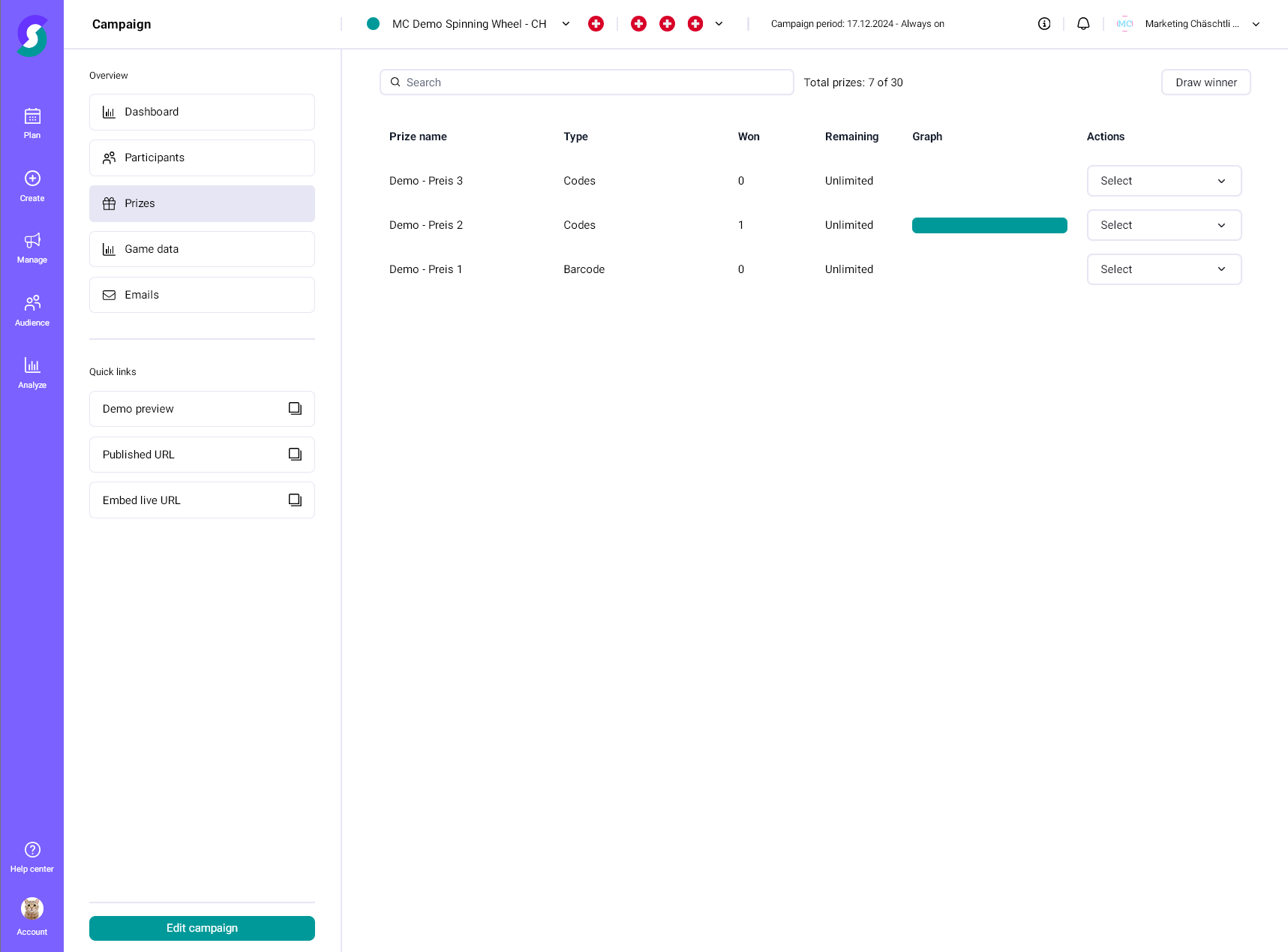 Kampagnen-Dashboard einer Gamification-Software mit &uuml;bersichtlicher Gewinnspiel-Liste, Anzeige von Preisen, Gewinnarten, Anzahl gewonnener Preise, Restbest&auml;nden und Fortschrittsdiagramm; Links Navigationsmen&uuml;. Gl&uuml;cksrad-Feature sorgt f&uuml;r interaktives Nutzererlebnis bei Wettbewerben und Verlusten.