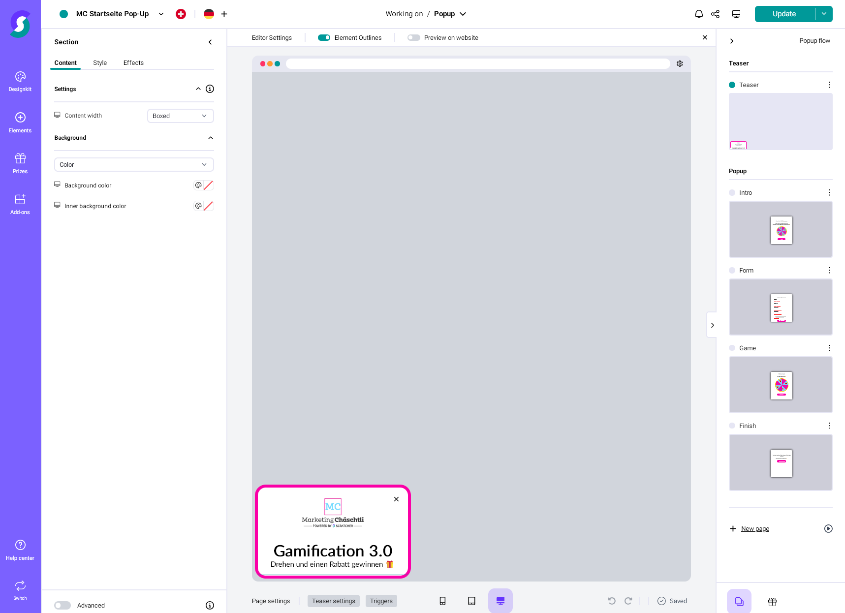 Screenshot eines Website-Baukastens für Gamification-Software: Zentrales Popup „Gamification 3.0“, No-Code-Bearbeitungswerkzeuge links, Vorschau der Gewinnspiel-Schritte rechts, Navigationsmenüs oben und seitlich.