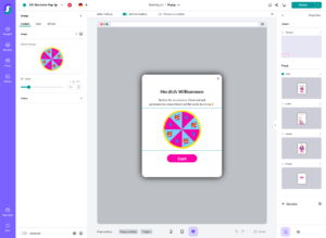 Screenshot eines Design-Interfaces für Gamification-Software mit einem Pop-up-Gewinnspielrad, buntem Glücksrad und rosa Start-Button, um interaktive Gewinnspiele und Wettbewerbe auf Deutsch zu erstellen.