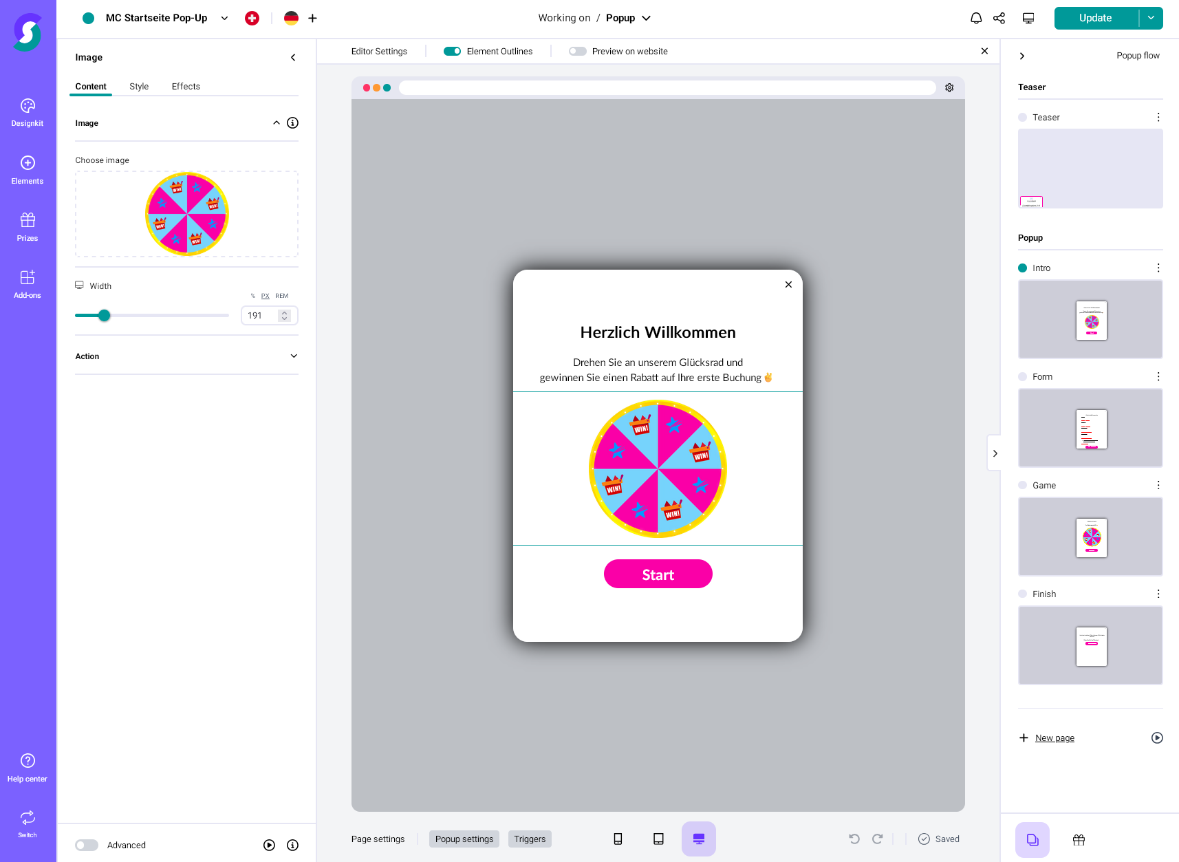 Screenshot eines Design-Interfaces für Gamification-Software mit einem Pop-up-Gewinnspielrad, buntem Glücksrad und rosa Start-Button, um interaktive Gewinnspiele und Wettbewerbe auf Deutsch zu erstellen.