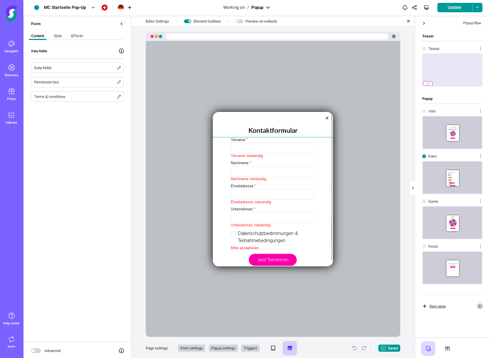 Screenshot des Website-Editors einer Gamification-Software: Im Zentrum ist eine Pop-up-Kontaktformular-Vorschau mit Feldern für Name, Nachname, E-Mail und Checkbox zu sehen; Bearbeitungs- und Einstellungspanels für Gewinnspiele und Wettbewerbe befinden sich links und rechts.