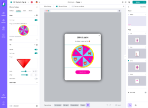 Benutzeroberfläche zur Anpassung eines „Spin & Win“-Glücksrad-Popups mit farbigem Rad, Kronen- und Geschenk-Symbolen; links Bearbeitungstools, rechts Live-Vorschau – ideal für Gamification-Software, Gewinnspiele und Wettbewerbe.