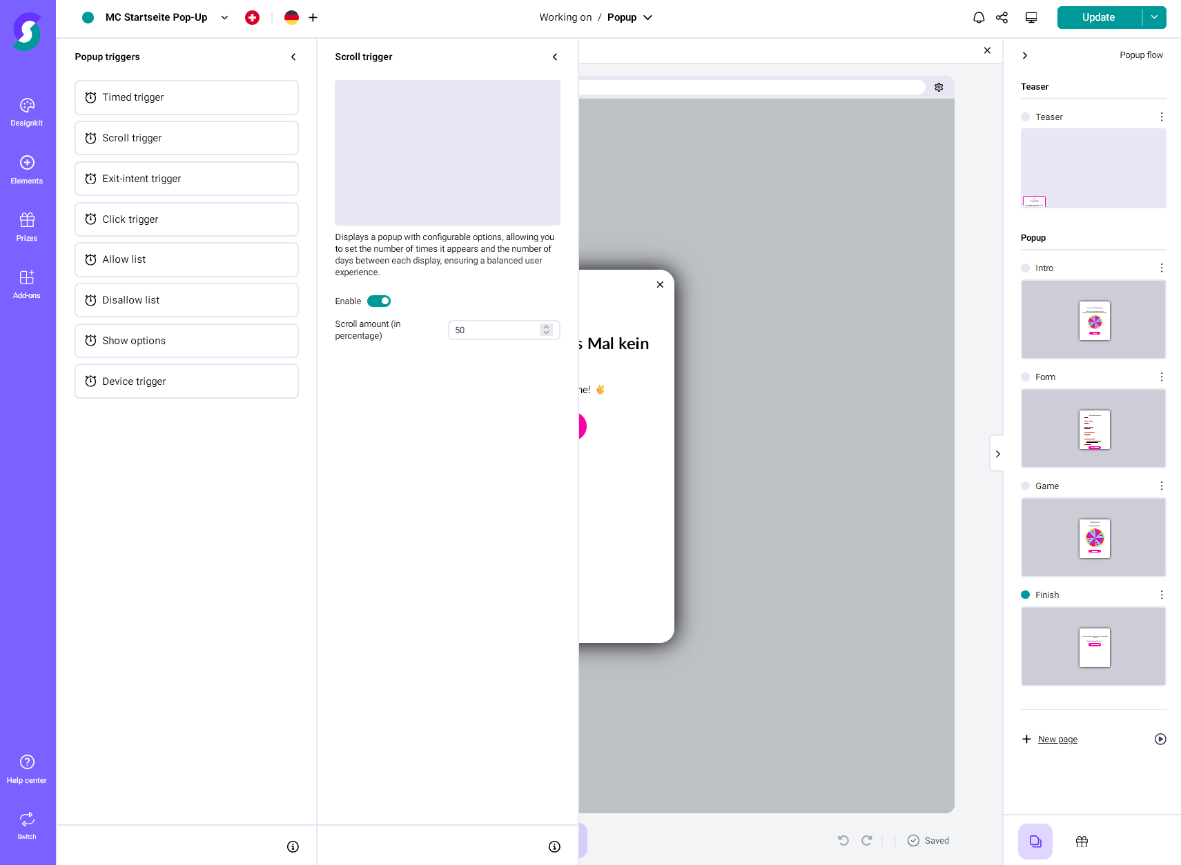 Screenshot einer Gamification-Software: Web-App-Oberfläche zur Konfiguration von Pop-up-Triggervarianten mit aktiviertem Scroll-Trigger, anpassbaren Einstellungen und übersichtlicher Menüführung – ideal für Gewinnspiele und Wettbewerbe.