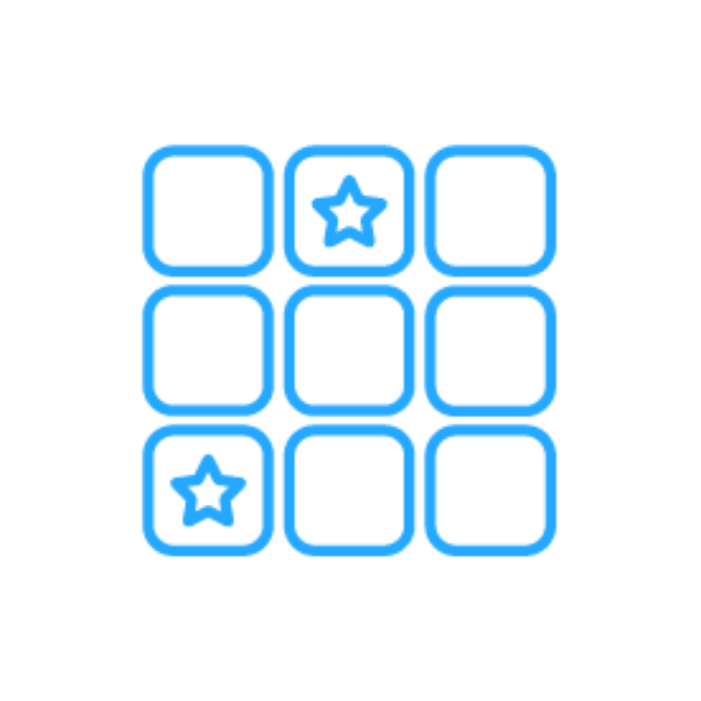3x3 Raster mit blauen Umrandungen auf weißem Hintergrund, zwei Felder mit Stern-Symbol, vermittelt strategisches Puzzle-Gefühl – ideal für Gamification-Software, Gewinnspiele und Wettbewerbe.