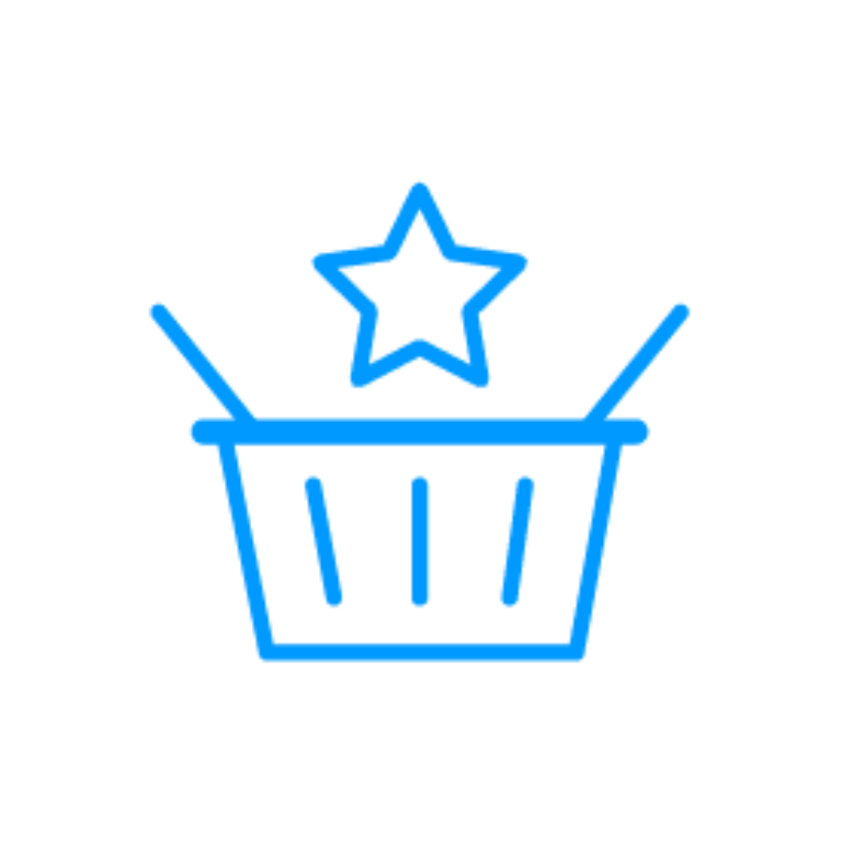 Blaues Liniensymbol eines Einkaufskorbs mit Stern darüber als Hinweis auf exklusives oder besonderes Produkt – Symbol für Gamification-Software, Gewinnspiele und Wettbewerbe.
