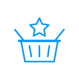 Blaues Liniensymbol eines Einkaufskorbs mit Stern darüber als Hinweis auf exklusives oder besonderes Produkt – Symbol für Gamification-Software, Gewinnspiele und Wettbewerbe.