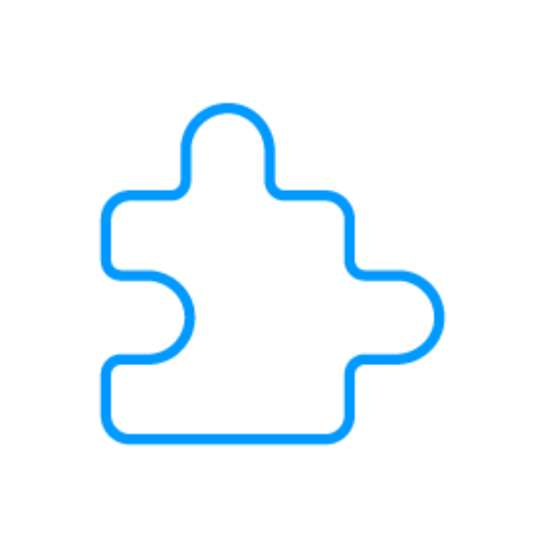 Blaues Puzzlestück-Symbol auf weißem Hintergrund als Icon für Verbindung und Problemlösung in Gamification-Software, Gewinnspielen und Wettbewerben.