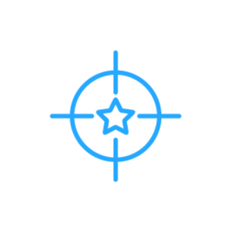 Blaues Fadenkreuz-Symbol mit fünfzackigem Stern in der Mitte auf weißem Hintergrund – modernes Icon für Gamification-Software, Gewinnspiele und Wettbewerbe.