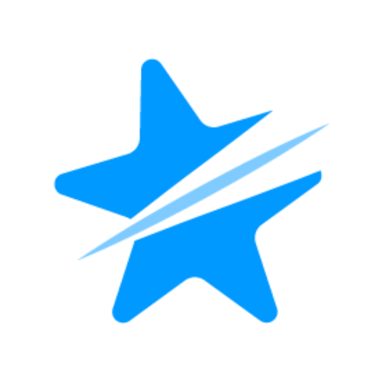 Blauer fünfzackiger Stern mit diagonaler Linie, modernes Emblem auf transparentem Hintergrund – Symbol für Gamification-Software, Gewinnspiele und Wettbewerbe.