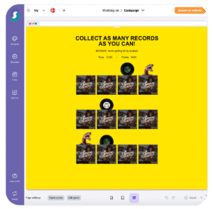 Gelber Spielbildschirm einer Gamification-Software mit dem Schriftzug „COLLECT AS MANY RECORDS AS YOU CAN!“, bunte Albumcovern, zwei Schlangenbilder und grünes Plattensymbol in der Mitte; interaktive UI-Elemente für Gewinnspiele und Wettbewerbe.