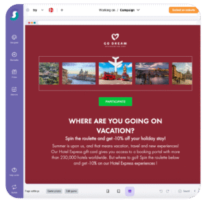 Urlaubs-Gewinnspiel auf einer Gamification-Webseite: Der Website-Editor zeigt ein Urlaubspromo mit „GO DREAM“-Logo, Städtemotiven, grünem „Teilnehmen“-Button und Glücksrad-Elementen zur Frage „Wohin geht deine Reise?“.