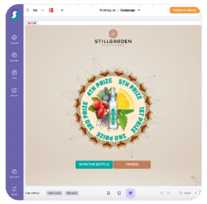 Digitales Glücksrad für Stillgarden Distillery mit bunten Früchten, Botanicals und Flasche in der Mitte; fünf Gewinnstufen, Buttons „SPIN THE BOTTLE“ und „PRIZES“ – interaktive Gamification-Gewinnspiel-Software für Wettbewerbe.