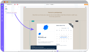 Website-Builder mit HTML-Editor links und Buchungsservice rechts, verbunden durch einen Pfeil – zeigt unkomplizierte Webentwicklung für Gamification, Gewinnspiele und Wettbewerbe.