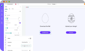 Benutzeroberfläche einer Gamification-Software mit sicheren Datei-Download- und Upload-Buttons, seitlicher Navigation für Formulareinstellungen wie Aktionen, Button-Stil und Dateipfad-Eingabe.