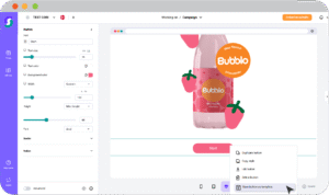 Screenshot eines Website-Builder-Interfaces zur Erstellung von Gamification-Gewinnspielen mit farbenfroher „BubblO“-Getränkeflasche, Bearbeitungsoptionen links und Aktionsmenü unten rechts.