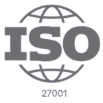 ISO 27001 Logo: Graues ISO-Logo mit stilisiertem Globus und Schriftzug „27001“, steht für ISO/IEC 27001 Informationssicherheitsstandard – Zertifizierung für sichere Gamification-Software, Gewinnspiele und Wettbewerbe.