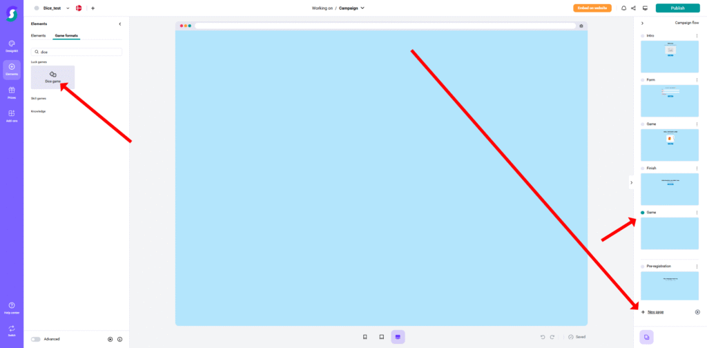 Screenshot eines Gamification-Design-Tools mit blauem Arbeitsbereich, seitlicher Werkzeugleiste für Formen und Rechtecke sowie zwei roten Pfeilen, die auf das digitale Spielfeld zeigen – ideal für Gewinnspiele und Wettbewerbs-Software.