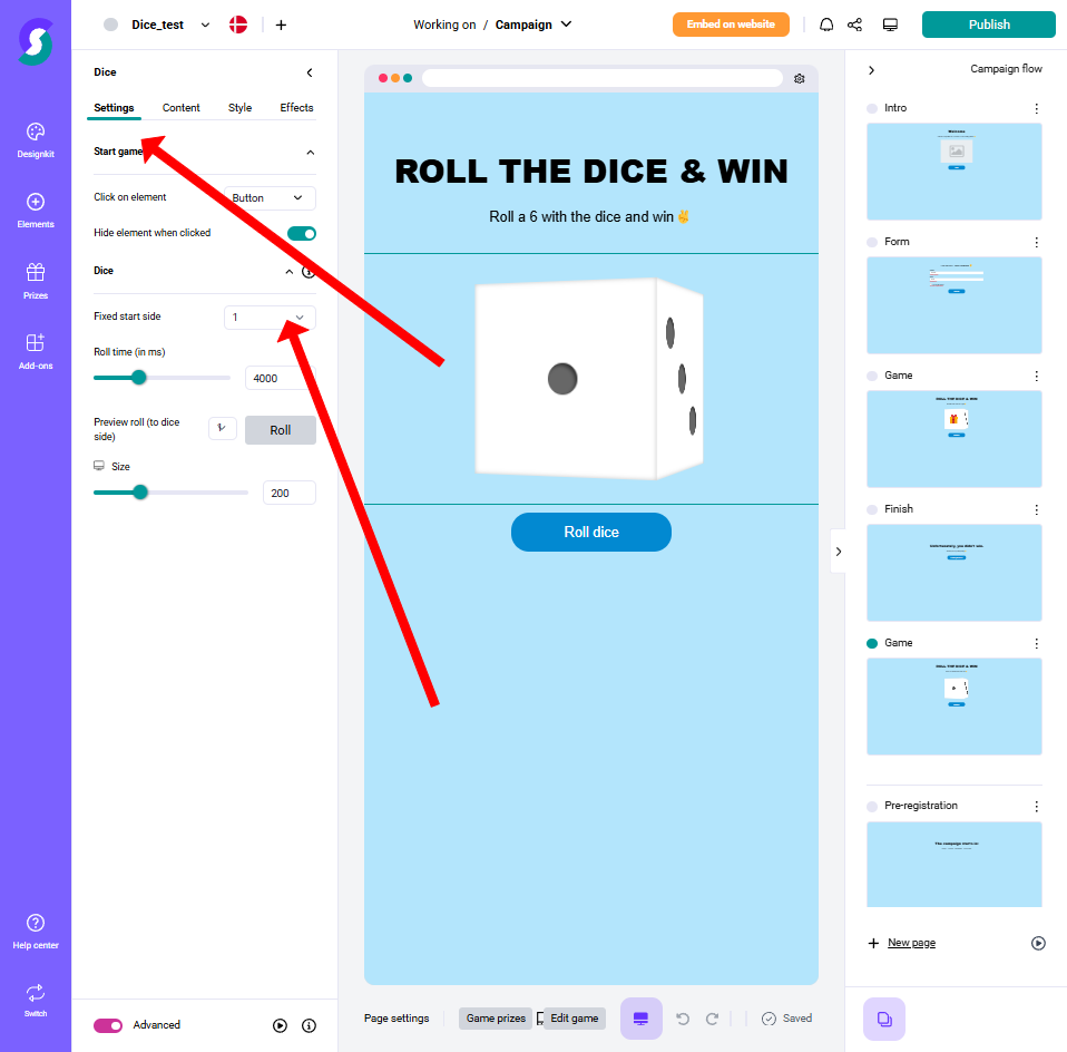 Screenshot eines Online-Design-Tools für Gamification-Software mit Vorlage für ein Würfelspiel; Zwei rote Pfeile markieren „Einstellungen“ und „Spiel starten“, im Mittelpunkt stehen 3D-Würfel und blauer Button „Würfeln“ für einfache individuelle Anpassung von Gewinnspielen und Wettbewerben.