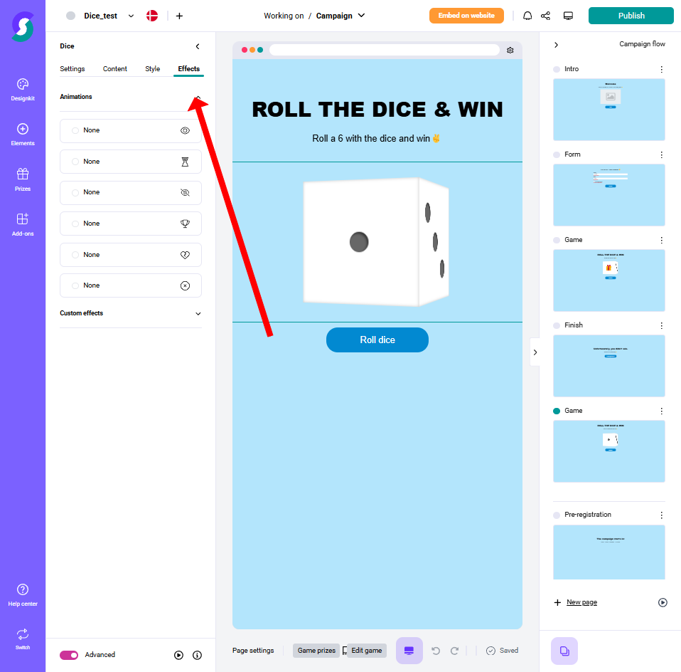 Screenshot eines Webdesign-Editors für eine Gamification-Software: Kampagne „ROLL THE DICE & WIN“ mit großem Würfelbild, einem „Würfel werfen“-Button und hervorgehobenem Effekte-Tab zur Anpassung interaktiver Elemente für Gewinnspiele und Wettbewerbe.
